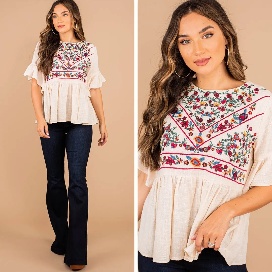As It Happens Natural White Embroidered Top