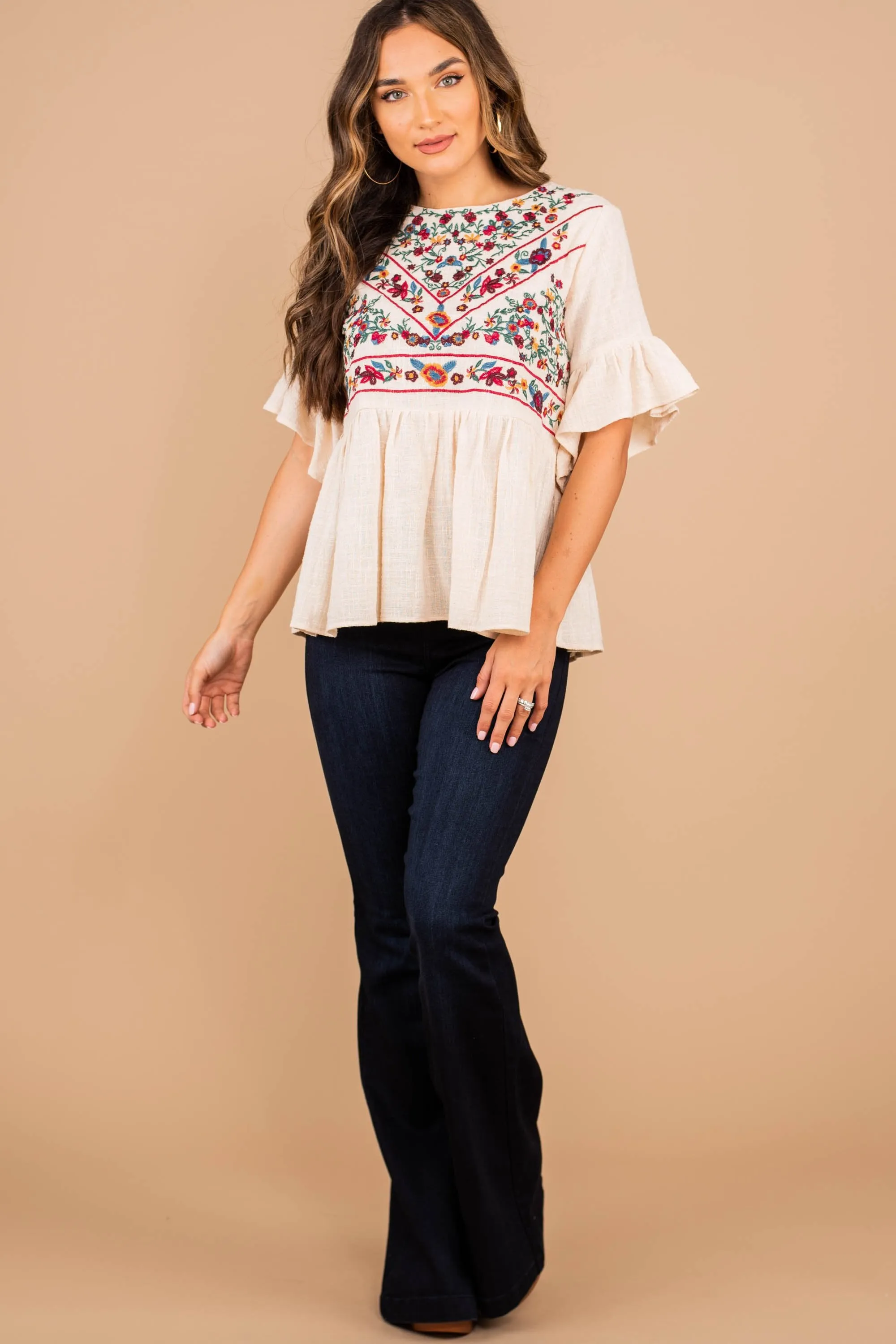 As It Happens Natural White Embroidered Top