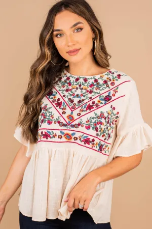 As It Happens Natural White Embroidered Top