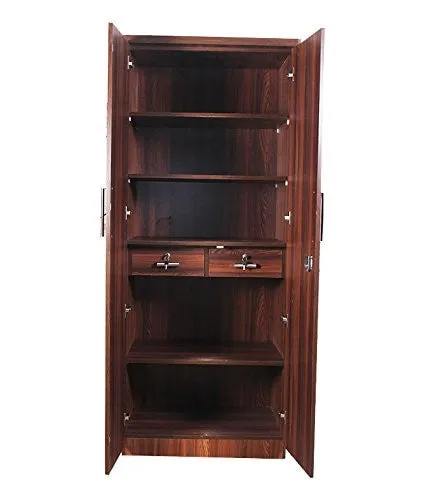 Asian Dark 2 Door Wardrobe with 2 Dawers 5 shelves and hanging space for clothes for Bedroom | Engineered Wooden Wardrobe for Home