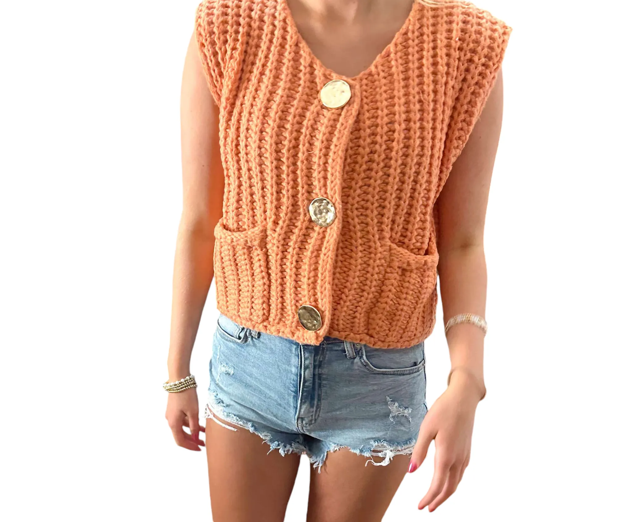 Autumn Elegance: Orange Sweater Vest with Gold Buttons