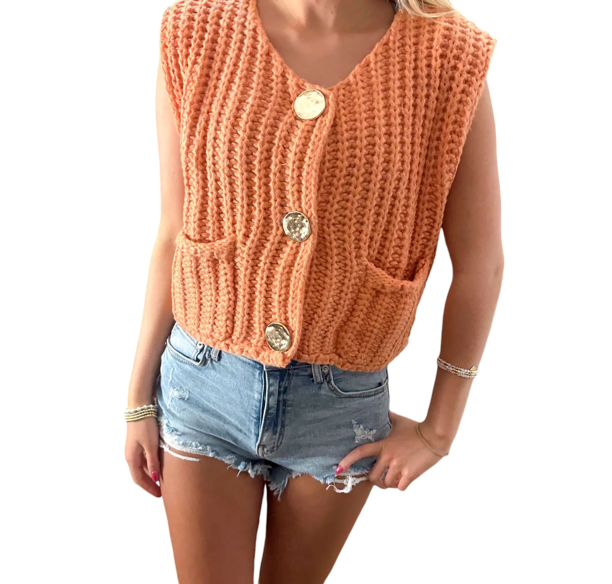 Autumn Elegance: Orange Sweater Vest with Gold Buttons