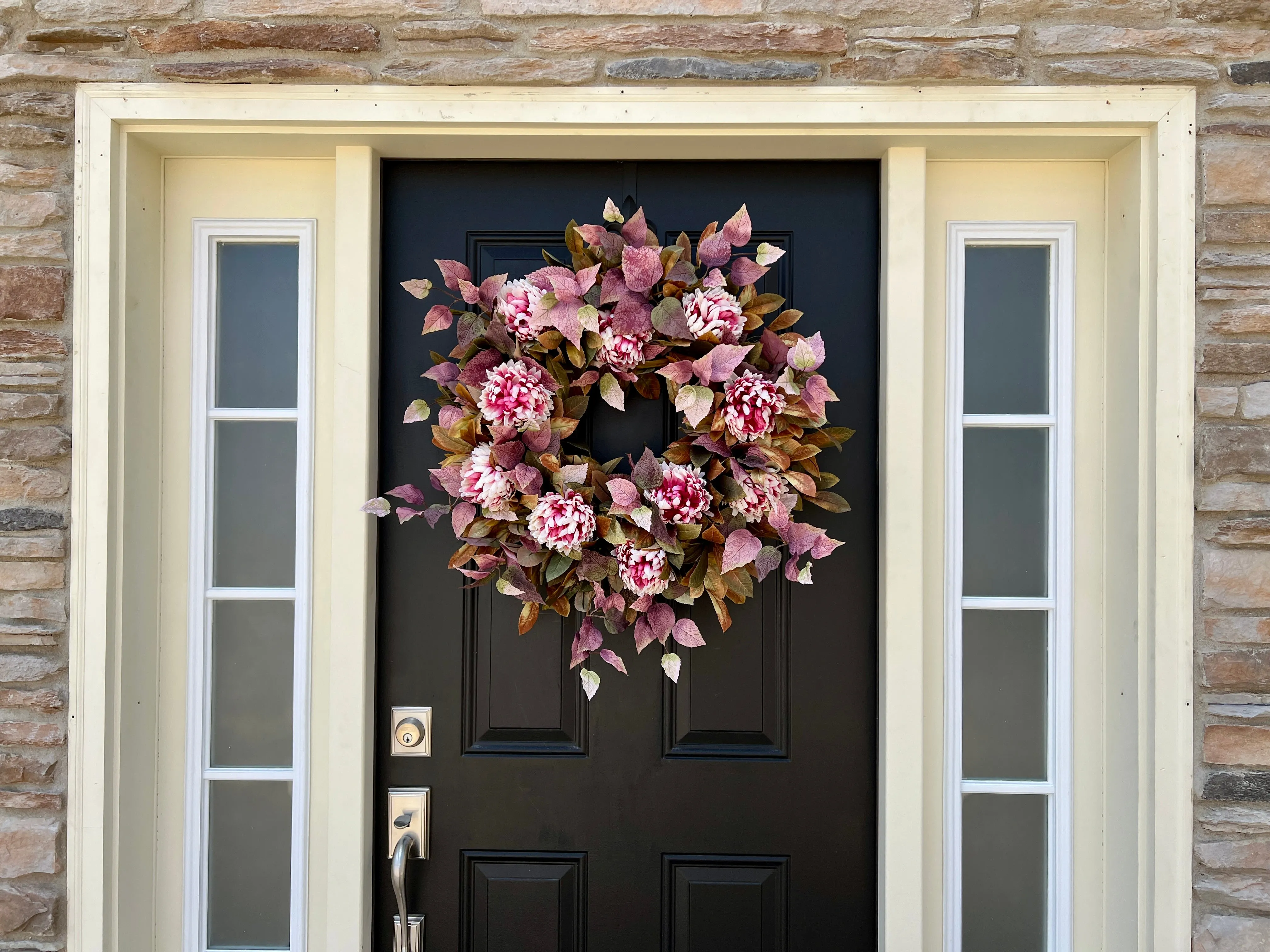 Autumn Front Door Wreath with Shoe Black Plant and Pink Mums