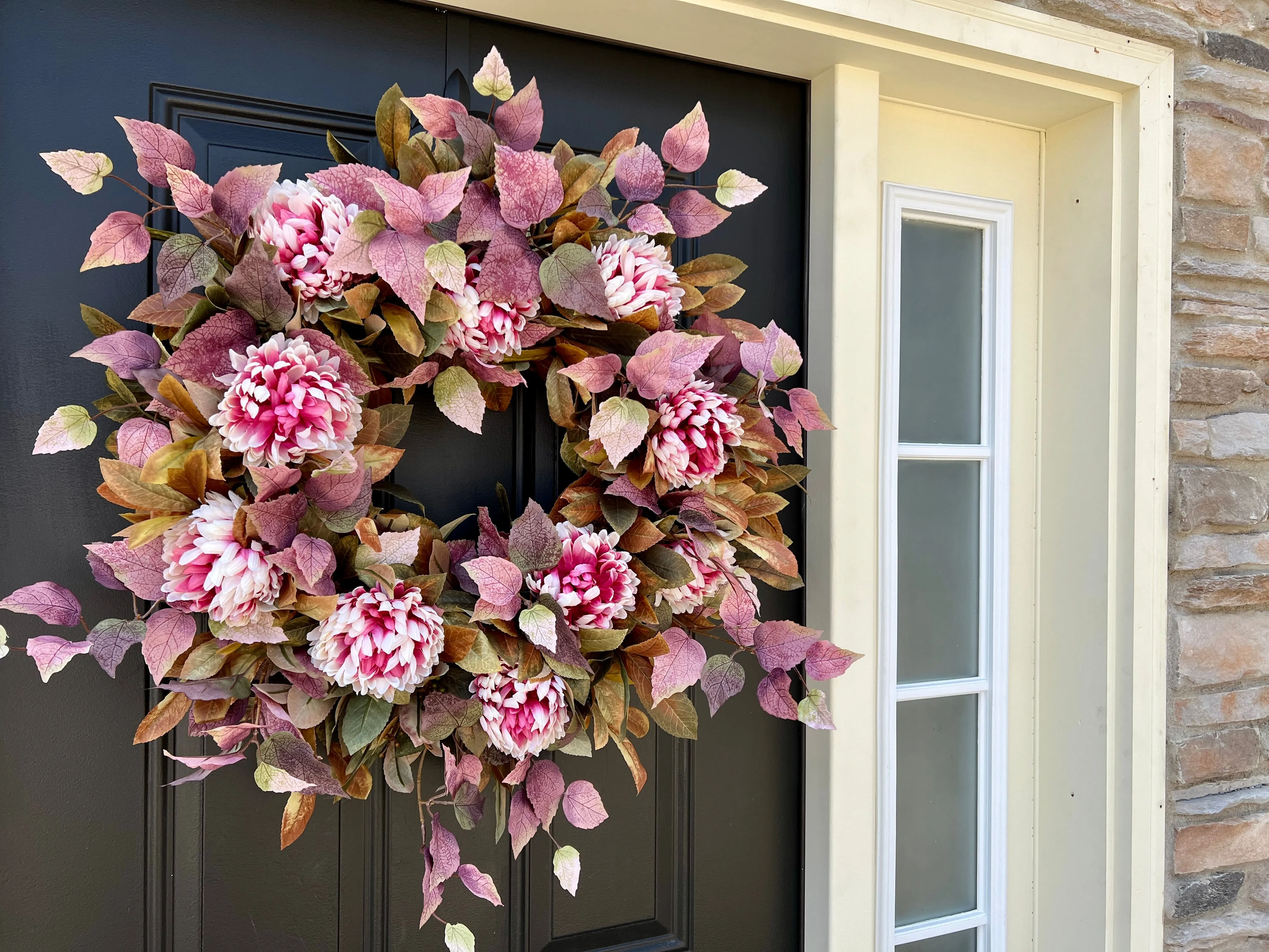 Autumn Front Door Wreath with Shoe Black Plant and Pink Mums