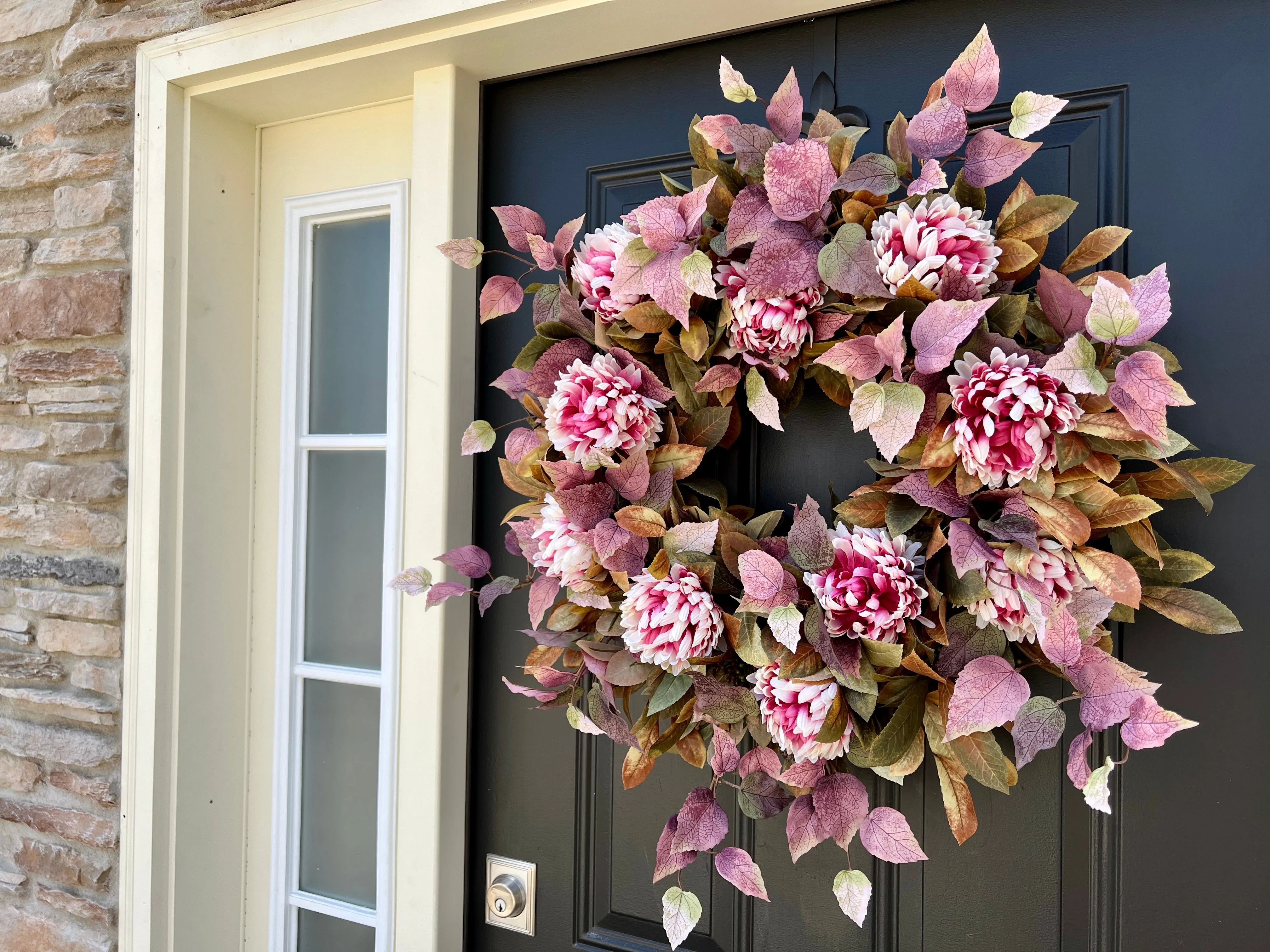 Autumn Front Door Wreath with Shoe Black Plant and Pink Mums