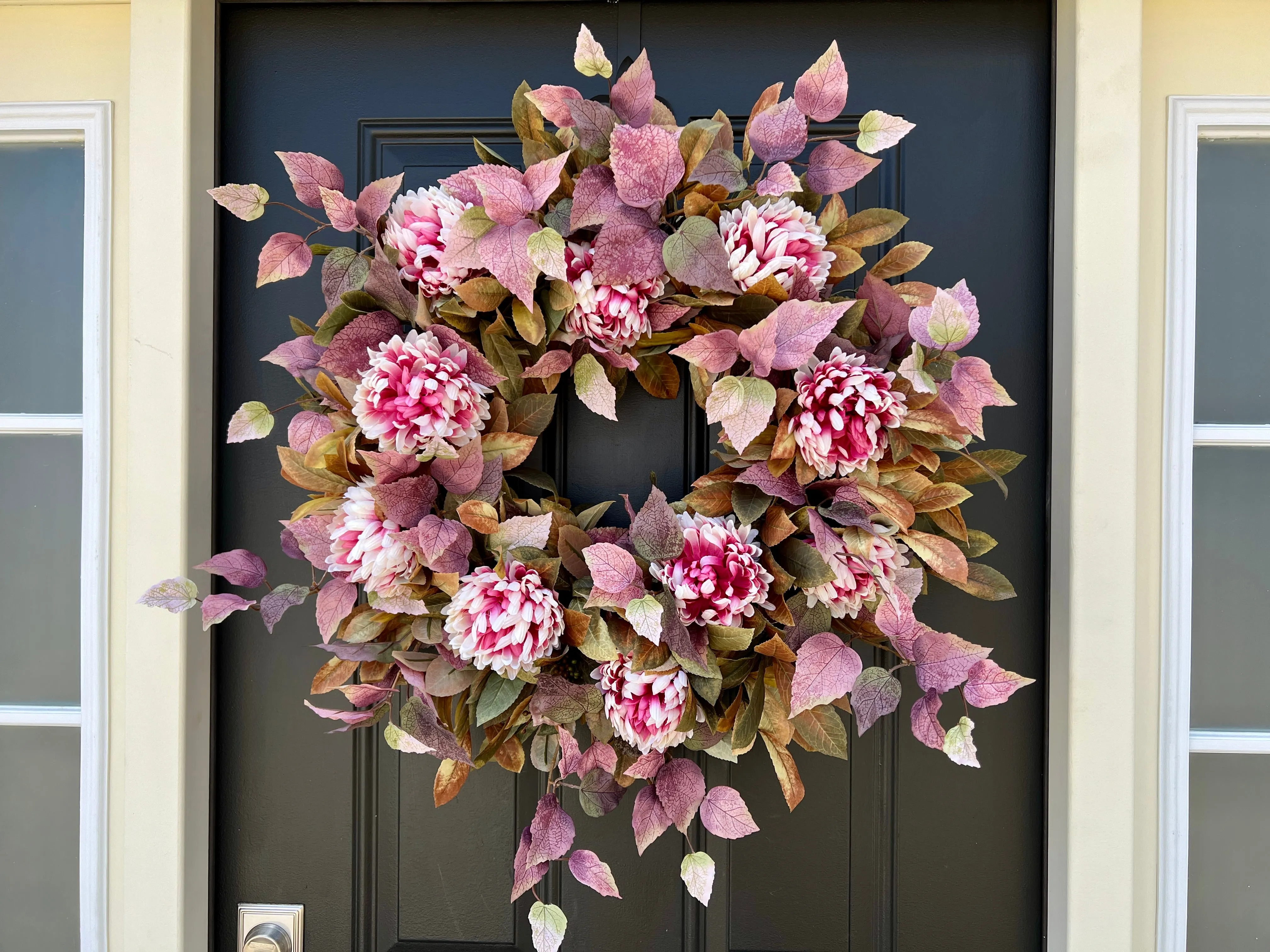 Autumn Front Door Wreath with Shoe Black Plant and Pink Mums