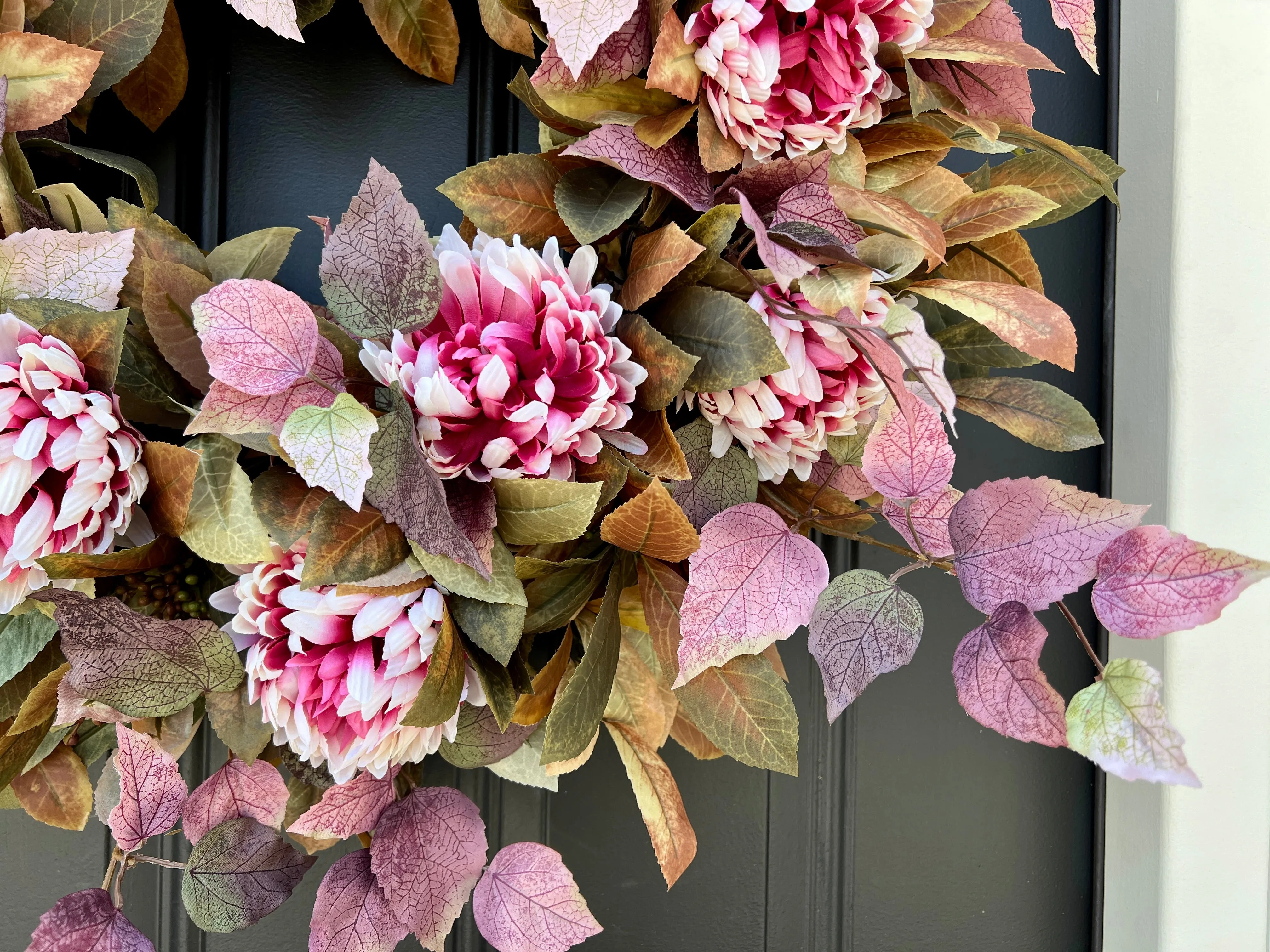 Autumn Front Door Wreath with Shoe Black Plant and Pink Mums