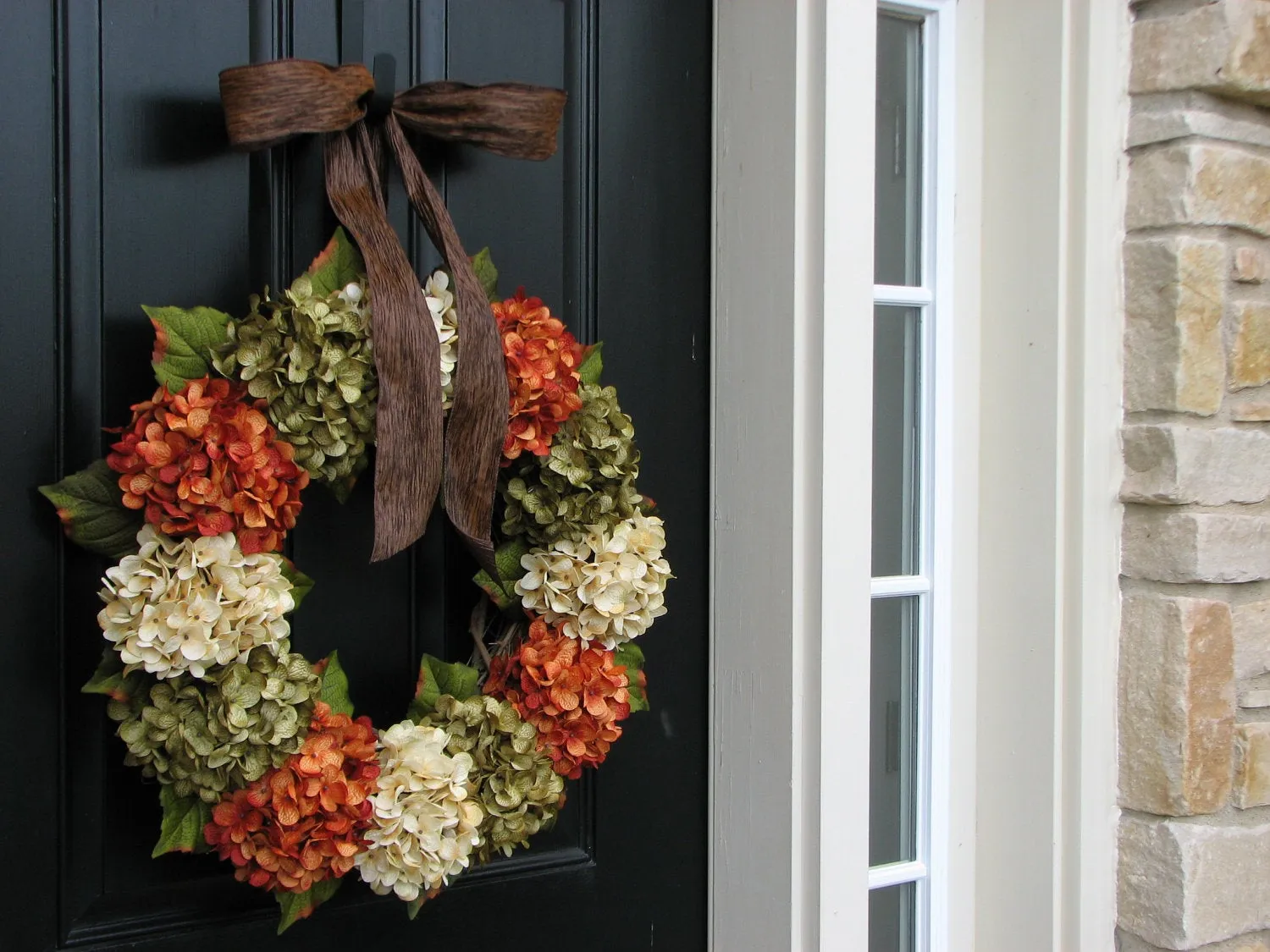 Autumn Hydrangea Wreath with Brown Ribbon