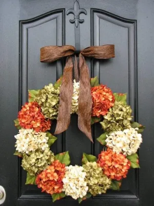 Autumn Hydrangea Wreath with Brown Ribbon