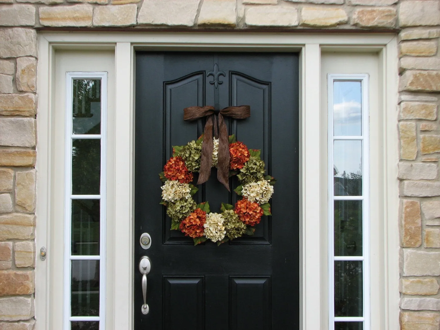 Autumn Hydrangea Wreath with Brown Ribbon