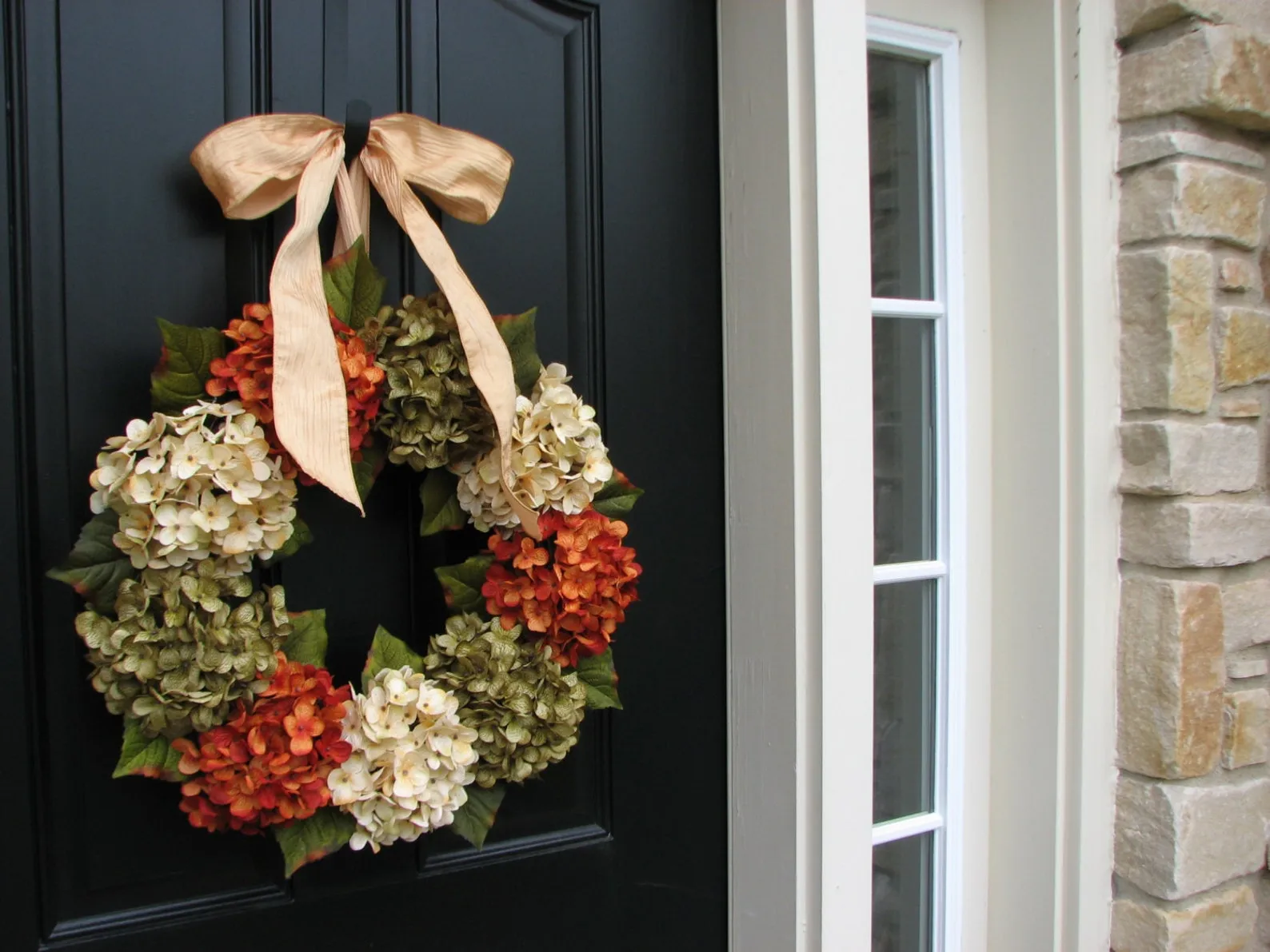 Autumn Hydrangea Wreath with Champagne Ribbon