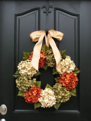 Autumn Hydrangea Wreath with Champagne Ribbon