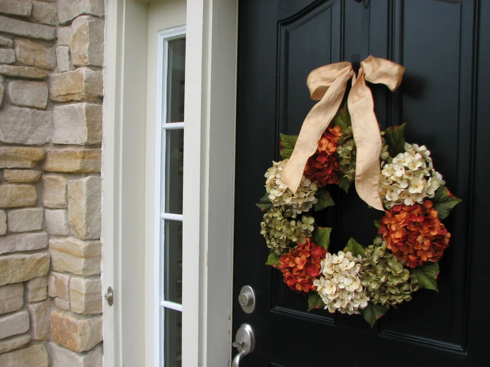 Autumn Hydrangea Wreath with Champagne Ribbon