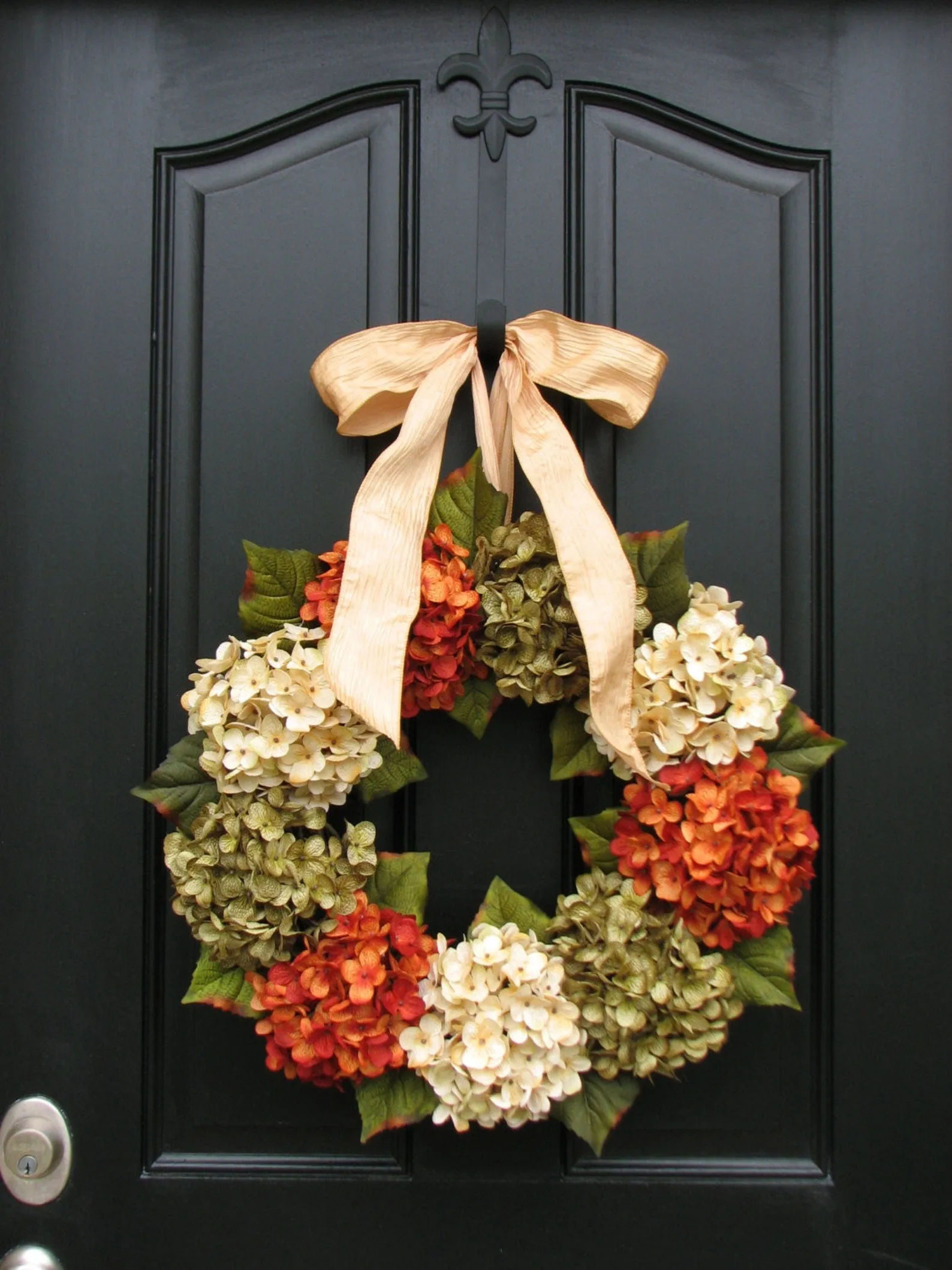Autumn Hydrangea Wreath with Champagne Ribbon