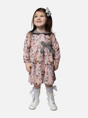 Baby Girl Millie Floral Dress With Bow Long Sleeves - Dusty Pink