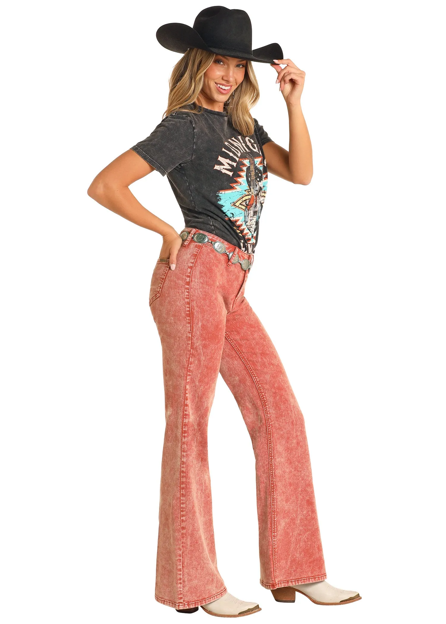 Bargain Bell Button Wide Leg Flare Jean - Rust