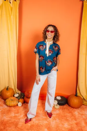 Beaded Turkey All Over Tee - Dark Blue [Queen of Sparkles]