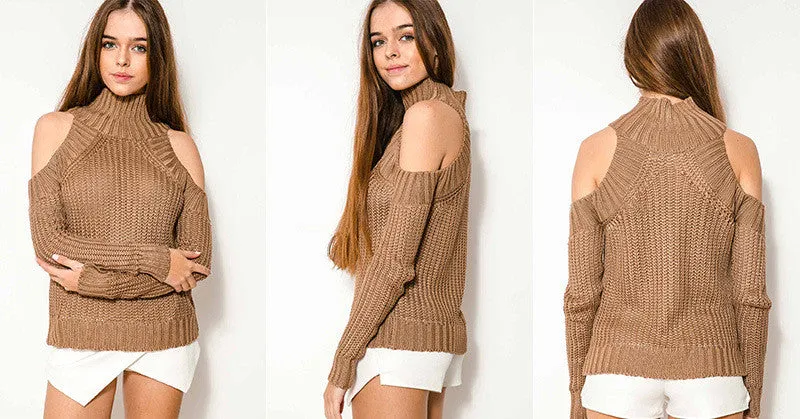 Bear Shoulder High Collar Hollow Pure Color Sexy Sweater