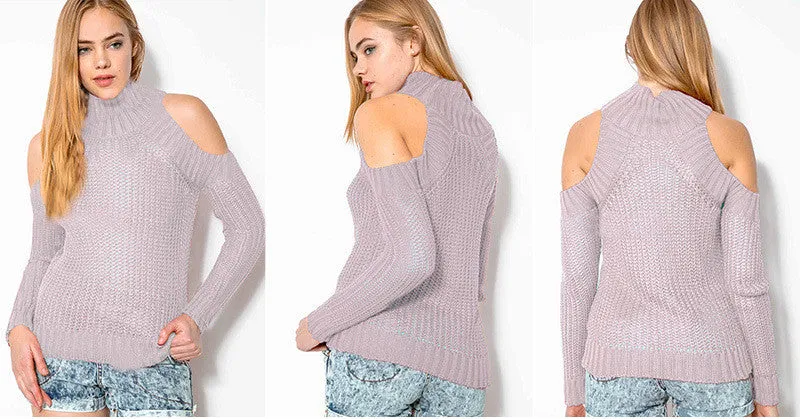 Bear Shoulder High Collar Hollow Pure Color Sexy Sweater