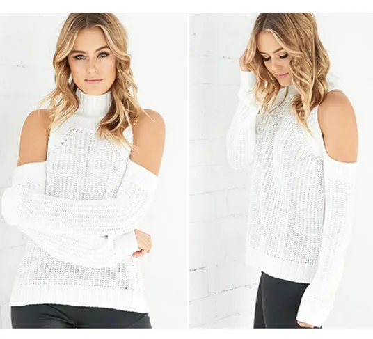 Bear Shoulder High Collar Hollow Pure Color Sexy Sweater