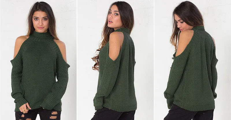 Bear Shoulder High Collar Hollow Pure Color Sexy Sweater