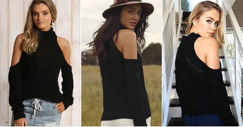 Bear Shoulder High Collar Hollow Pure Color Sexy Sweater