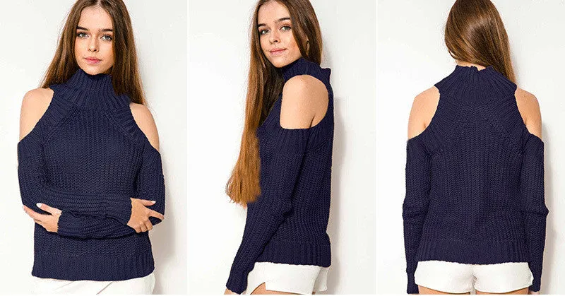 Bear Shoulder High Collar Hollow Pure Color Sexy Sweater