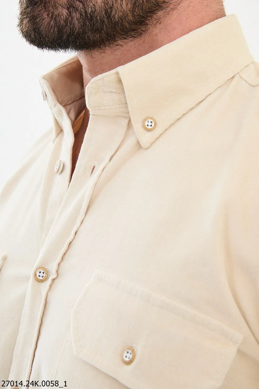 Beige Long-Sleeve Shirt with Dual Chest Pockets.