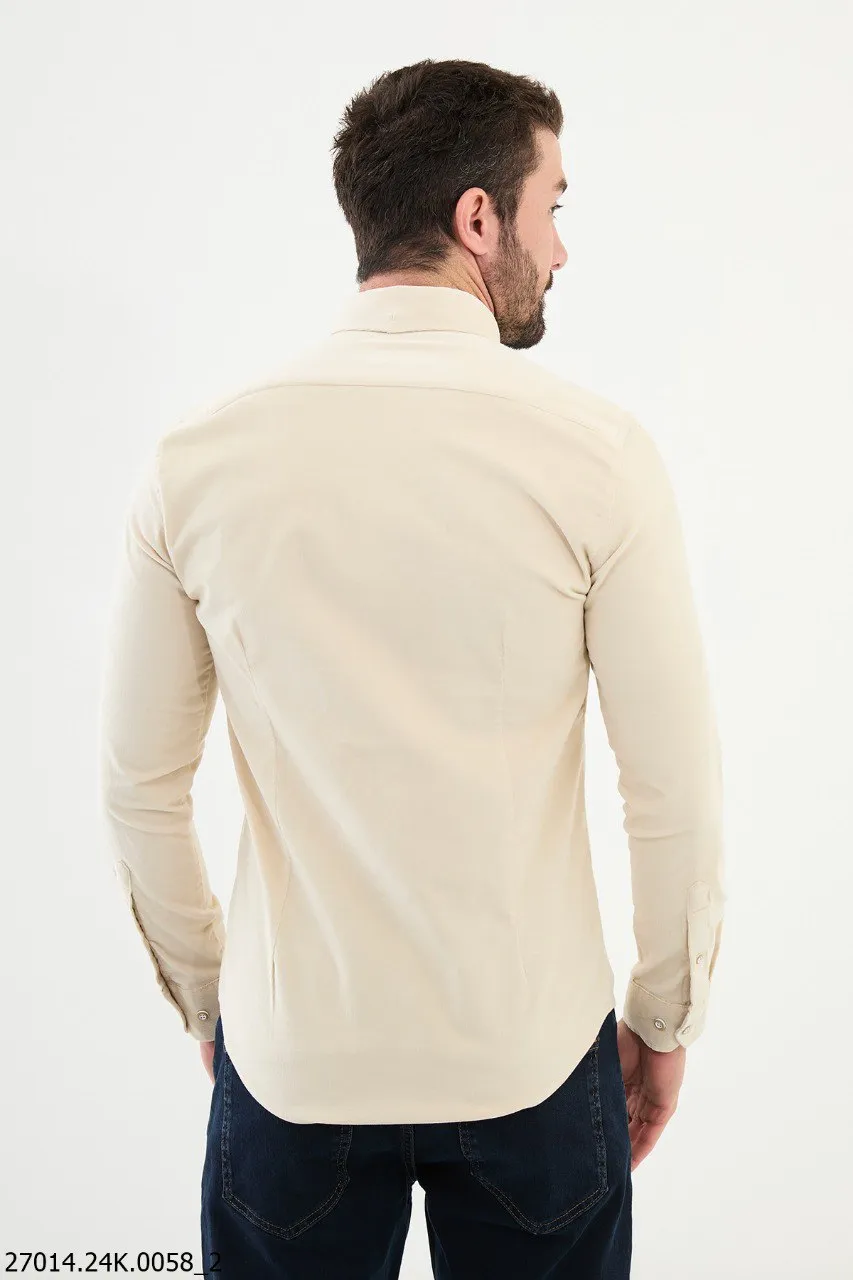 Beige Long-Sleeve Shirt with Dual Chest Pockets.