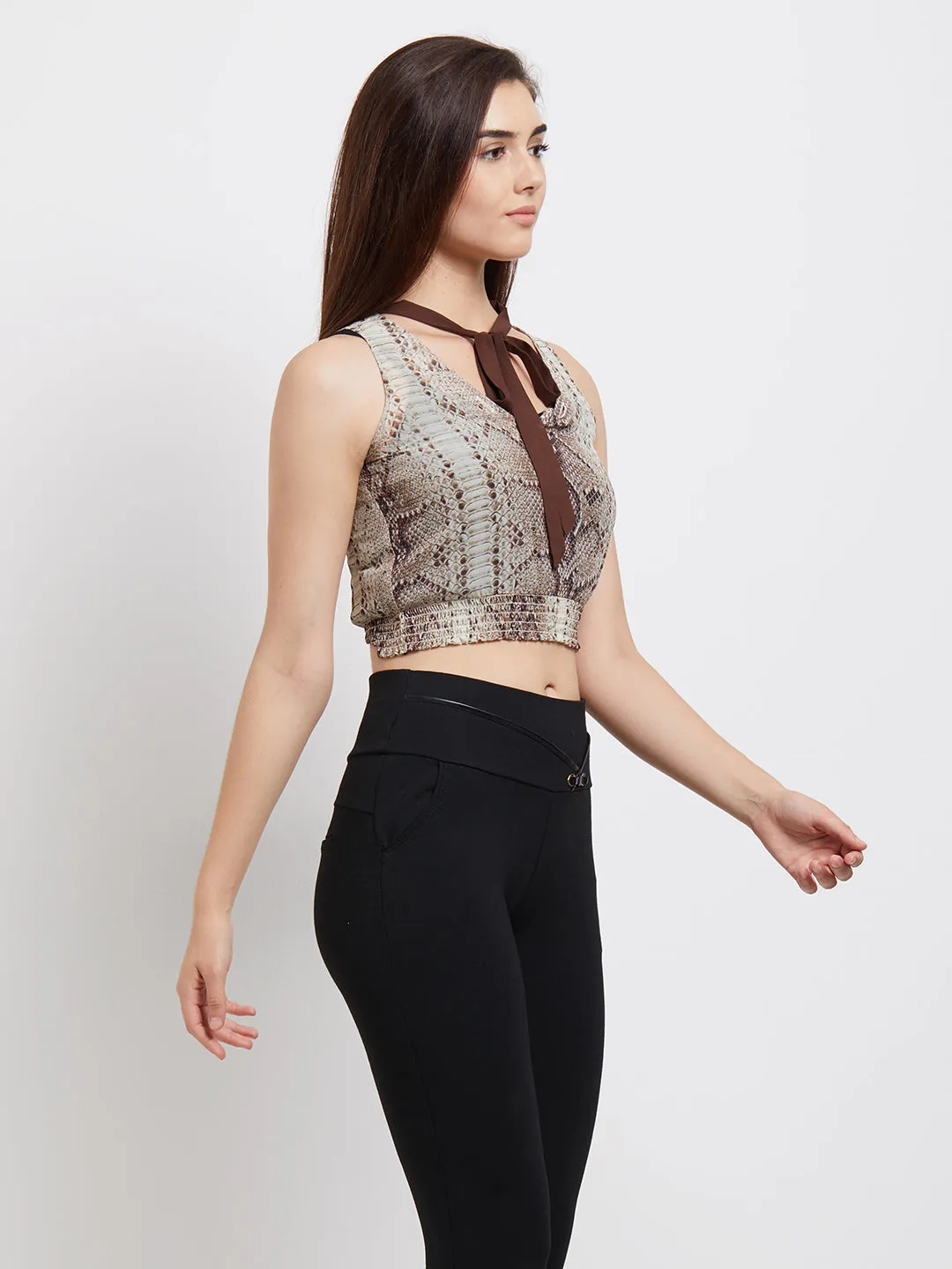 Beige Tie Up Neck Crop Top