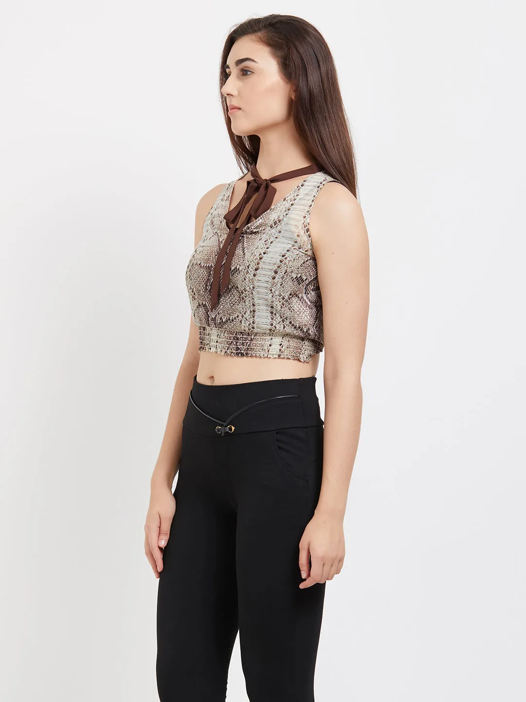 Beige Tie Up Neck Crop Top