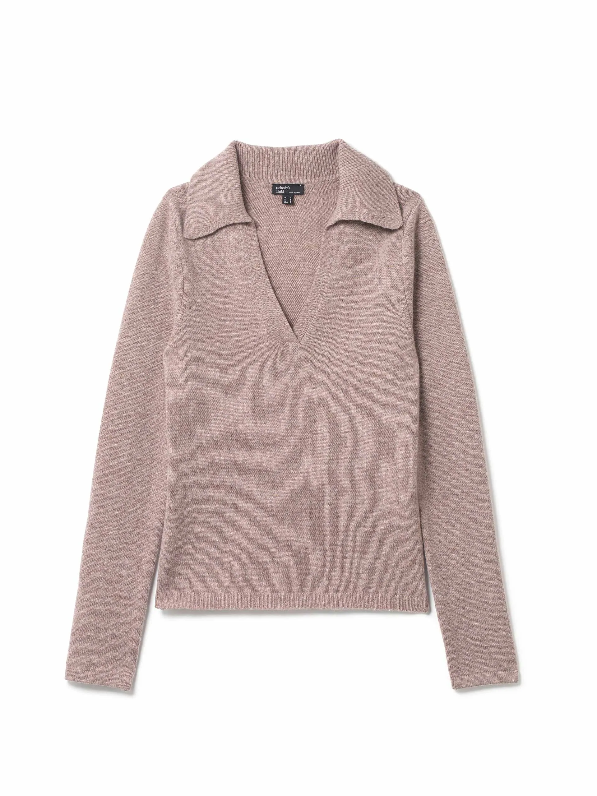 Beige wool open collar knitted jumper