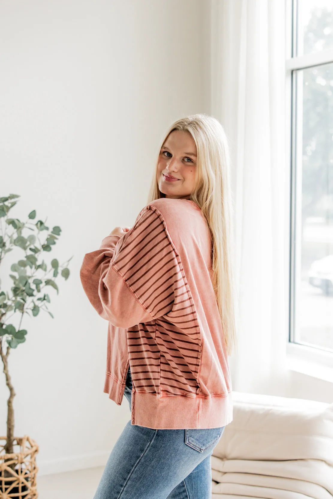 Bella Striped Washed Sweatshirt | Marsala