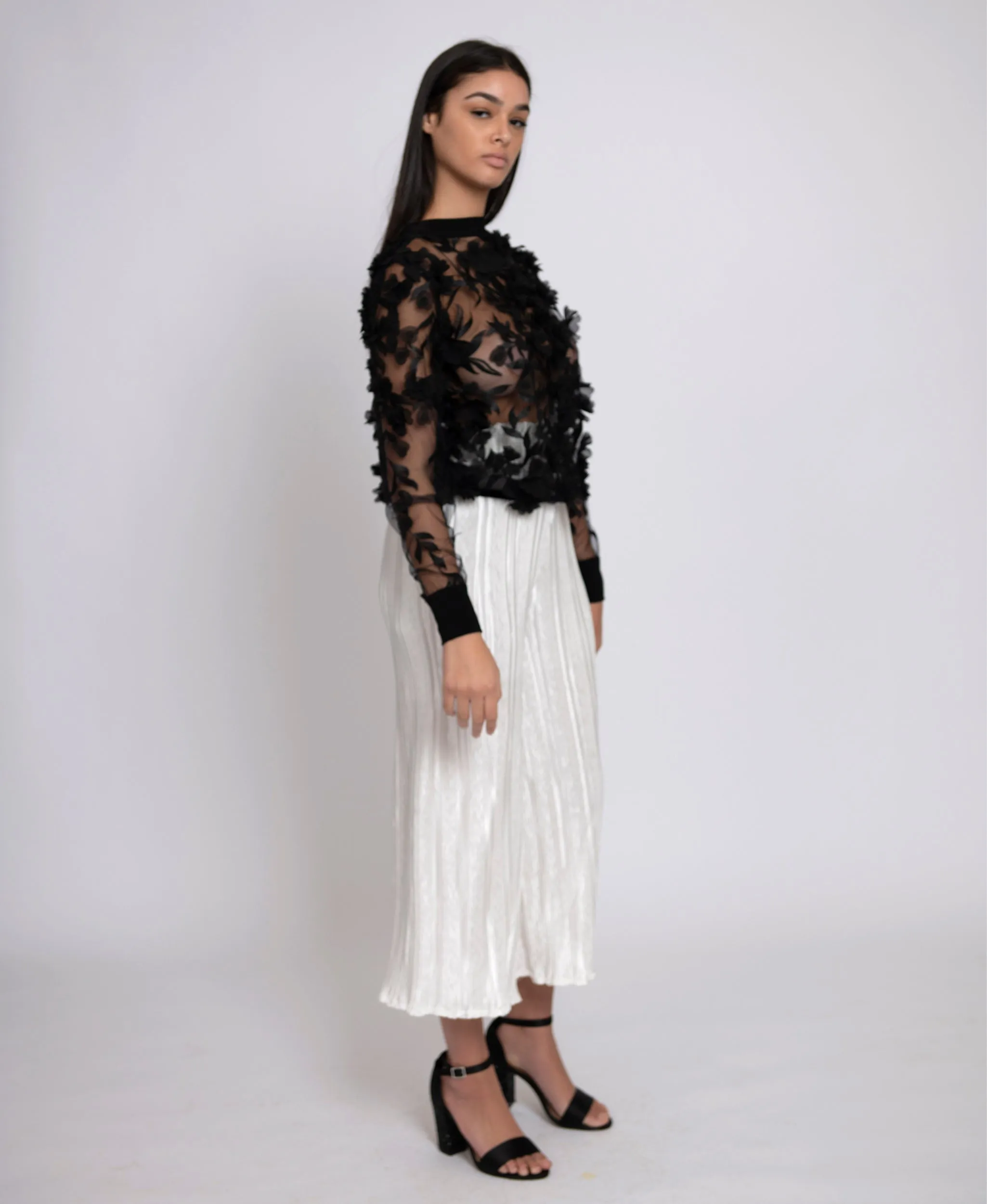 Black 3D Flower Sheer Top