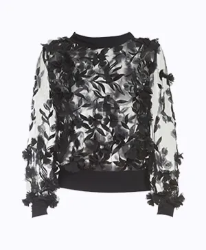Black 3D Flower Sheer Top