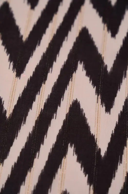 Black and Ivory Zigzag Pattern Printed Muslin Zari Stripe Fabric