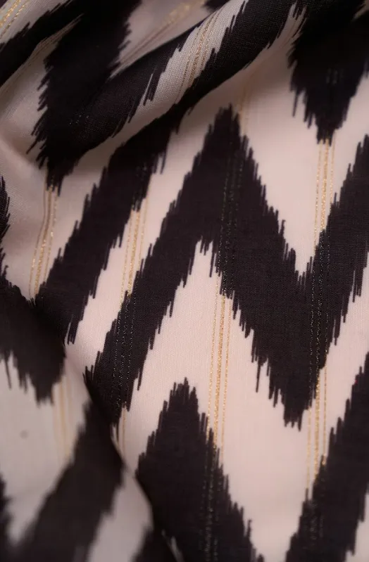 Black and Ivory Zigzag Pattern Printed Muslin Zari Stripe Fabric