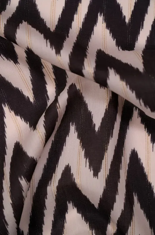 Black and Ivory Zigzag Pattern Printed Muslin Zari Stripe Fabric