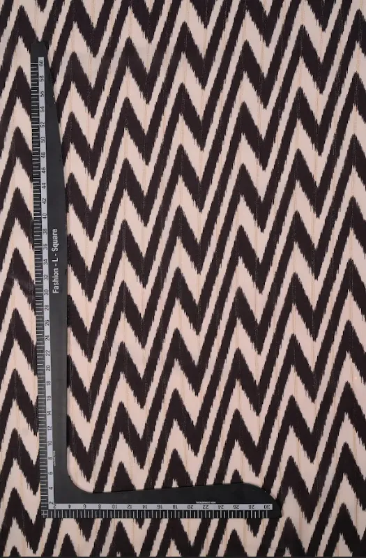 Black and Ivory Zigzag Pattern Printed Muslin Zari Stripe Fabric