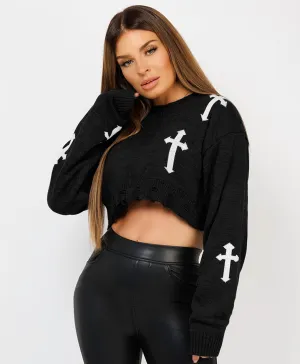 Black Cross Pattern Oversized Cropped Knitted Jumper