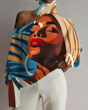 Black Girl Holiday Plant Oil Painting Printed Off-the-shoulder High Neck Top