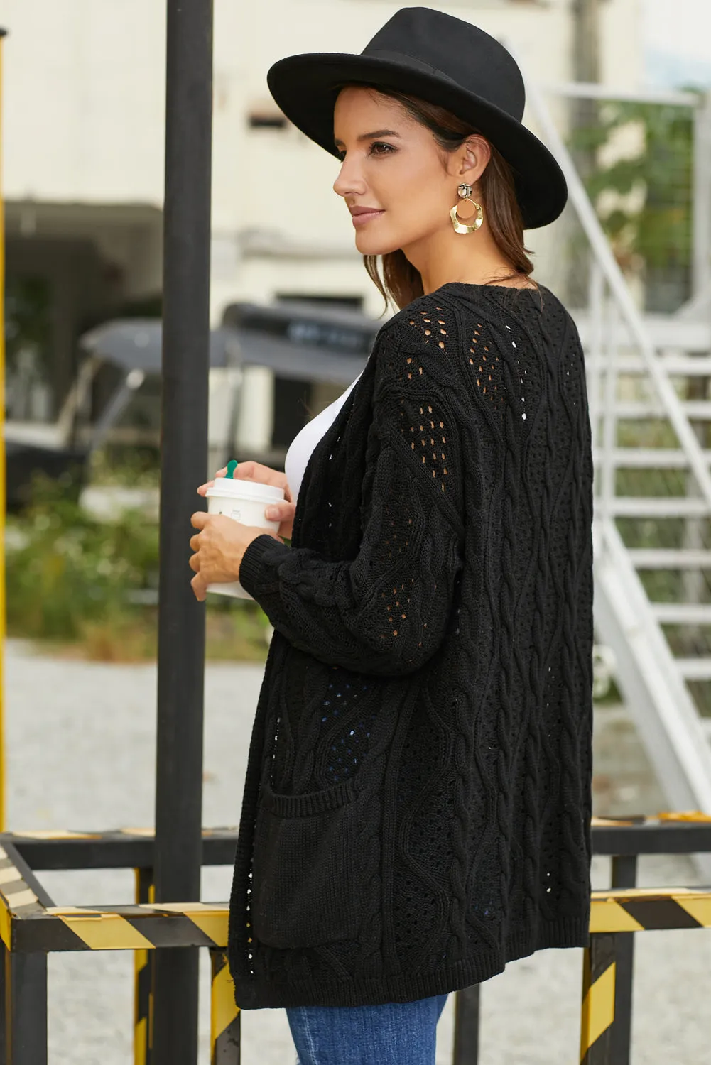 Black Hollow Out Open Front Cardigan with Pockets