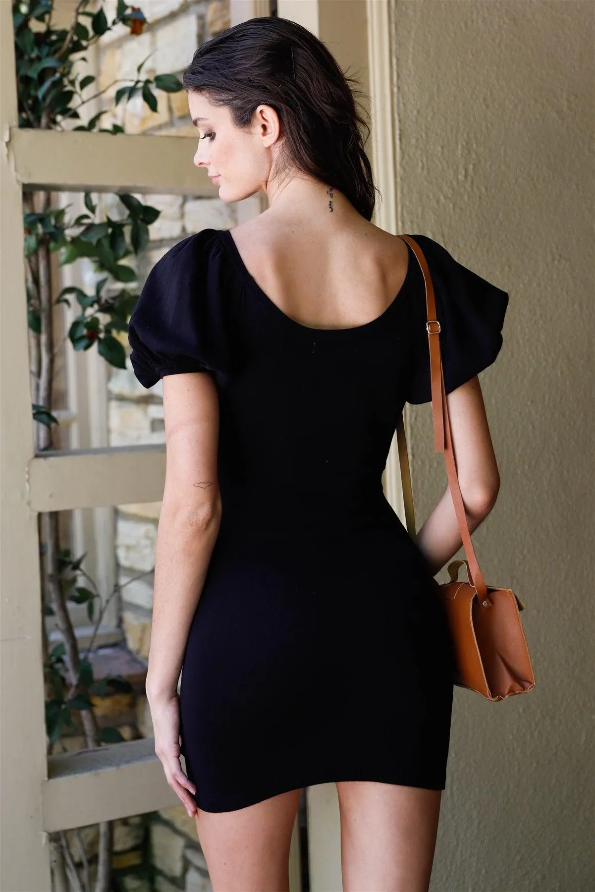 Black Knit Short Balloon Sleeve Bodycon Mini Dress /3-2-2