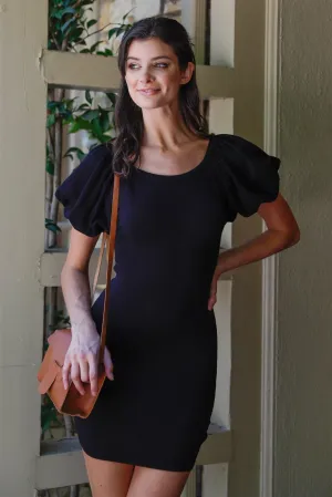 Black Knit Short Balloon Sleeve Bodycon Mini Dress /3-2-2
