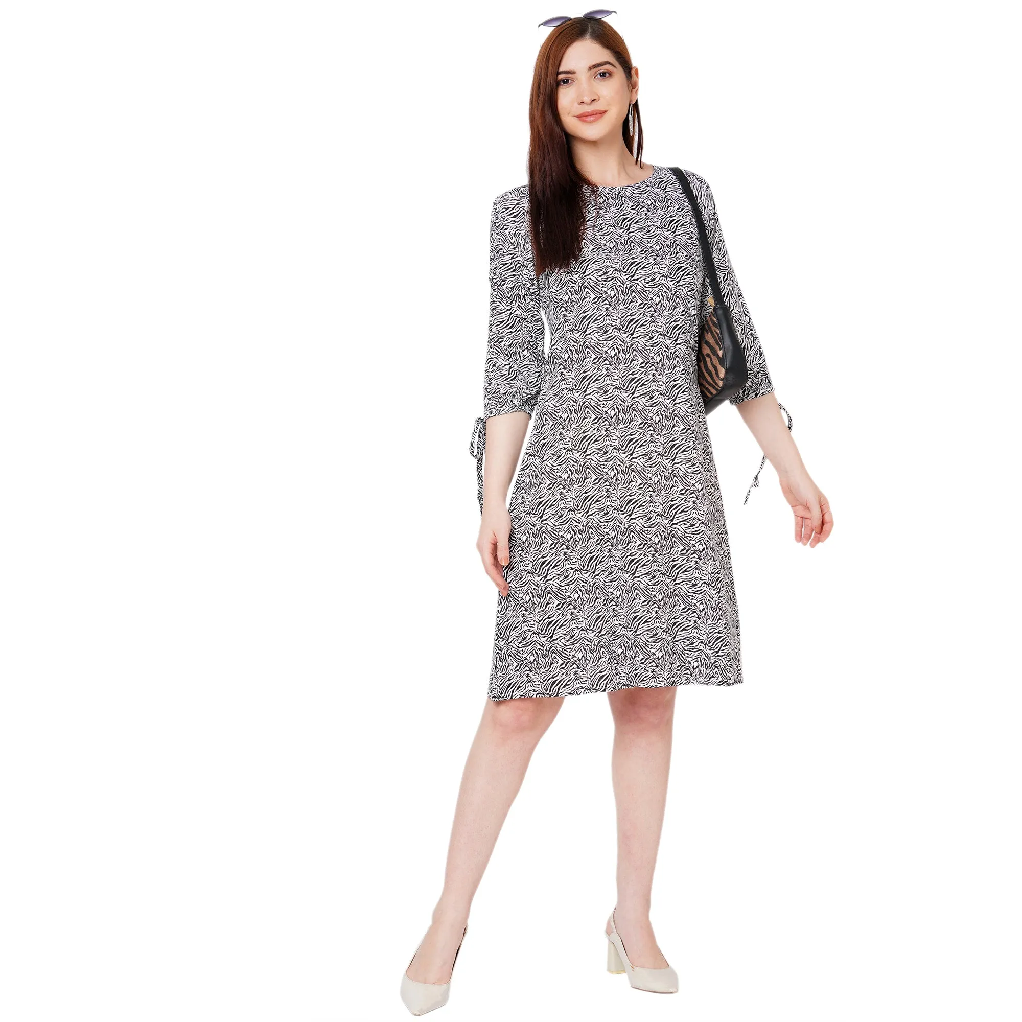 Black Printed Knee Length Dress for Women