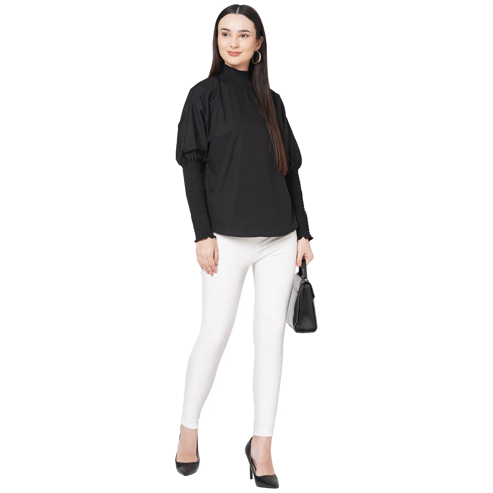 Black Solid High Neck Top For Women