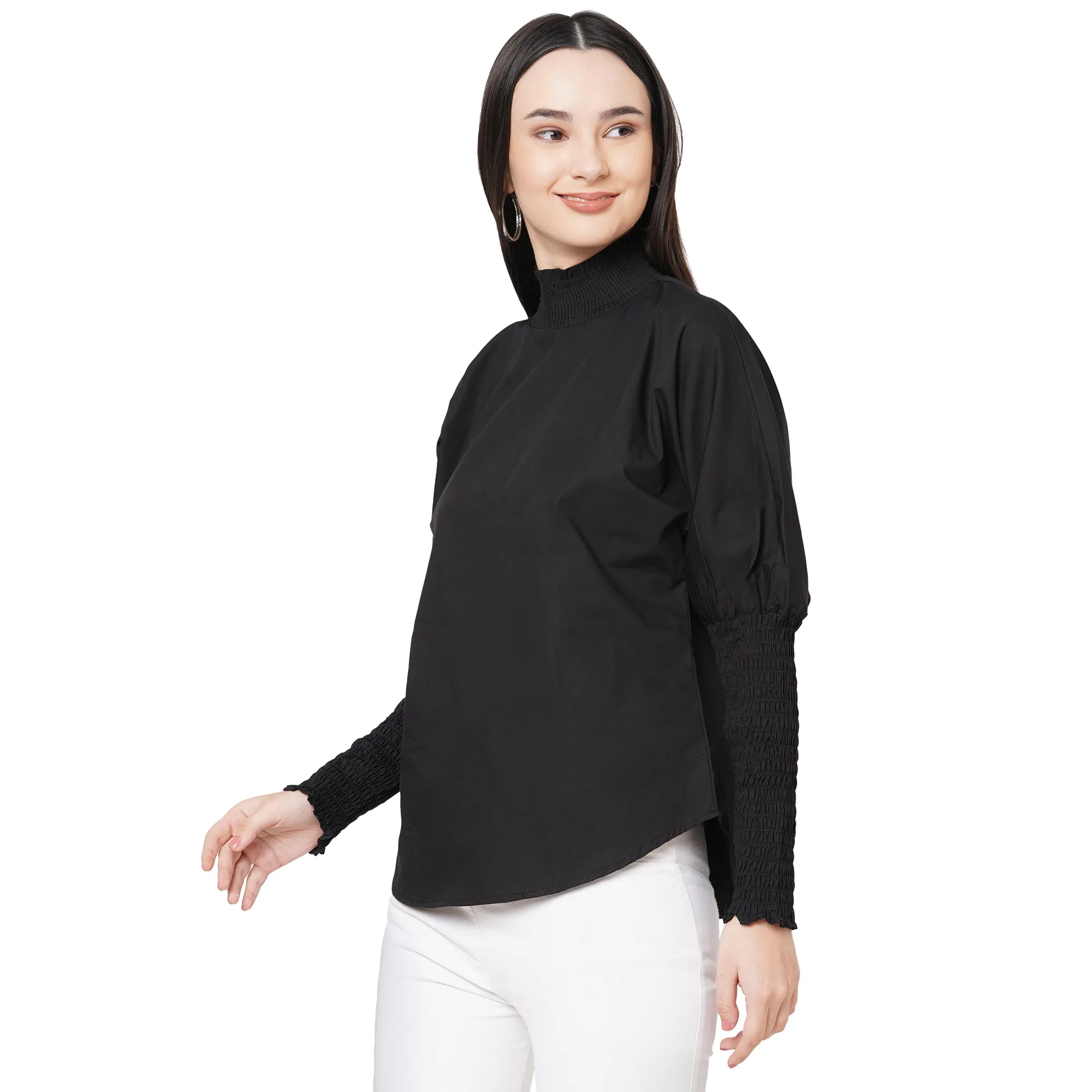 Black Solid High Neck Top For Women