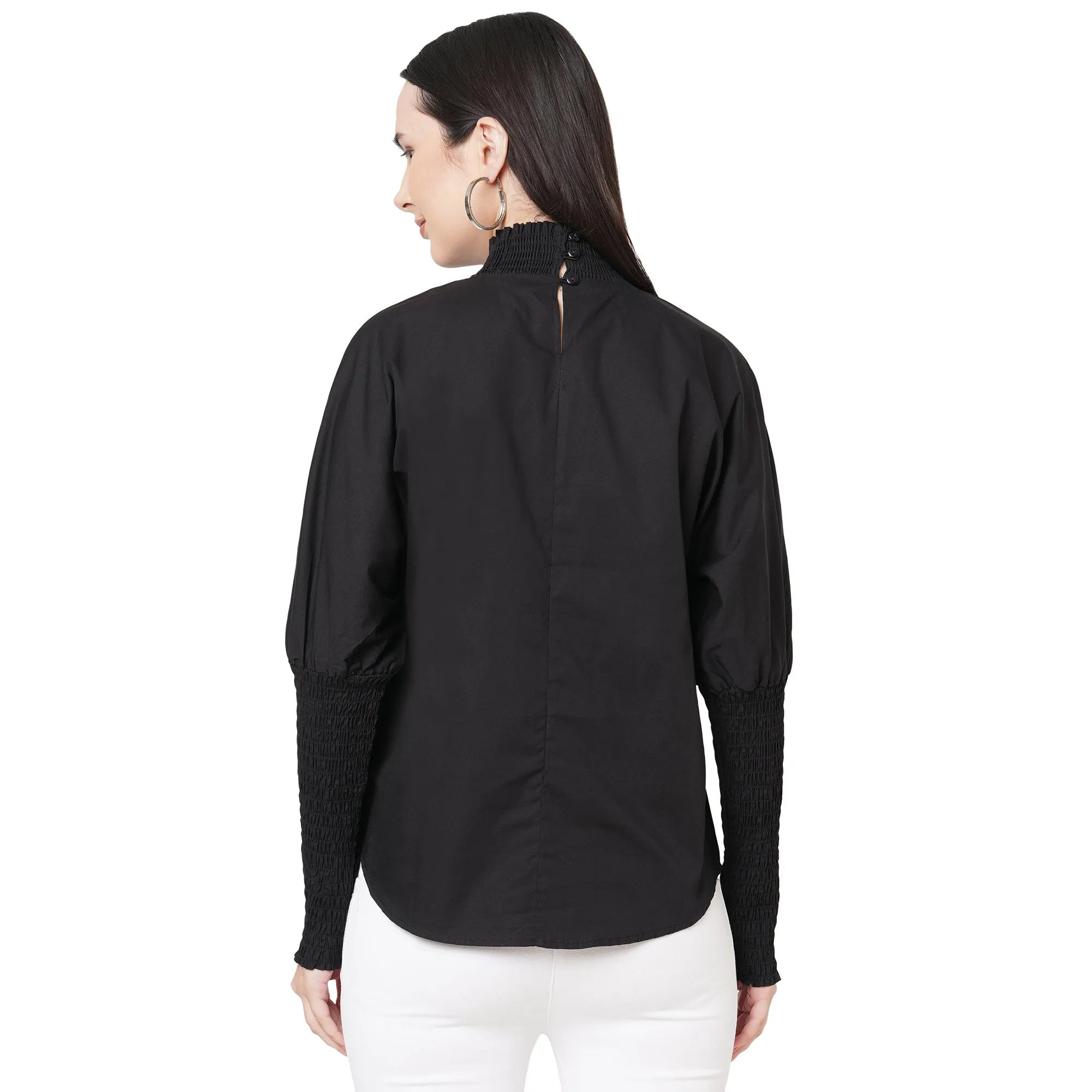 Black Solid High Neck Top For Women
