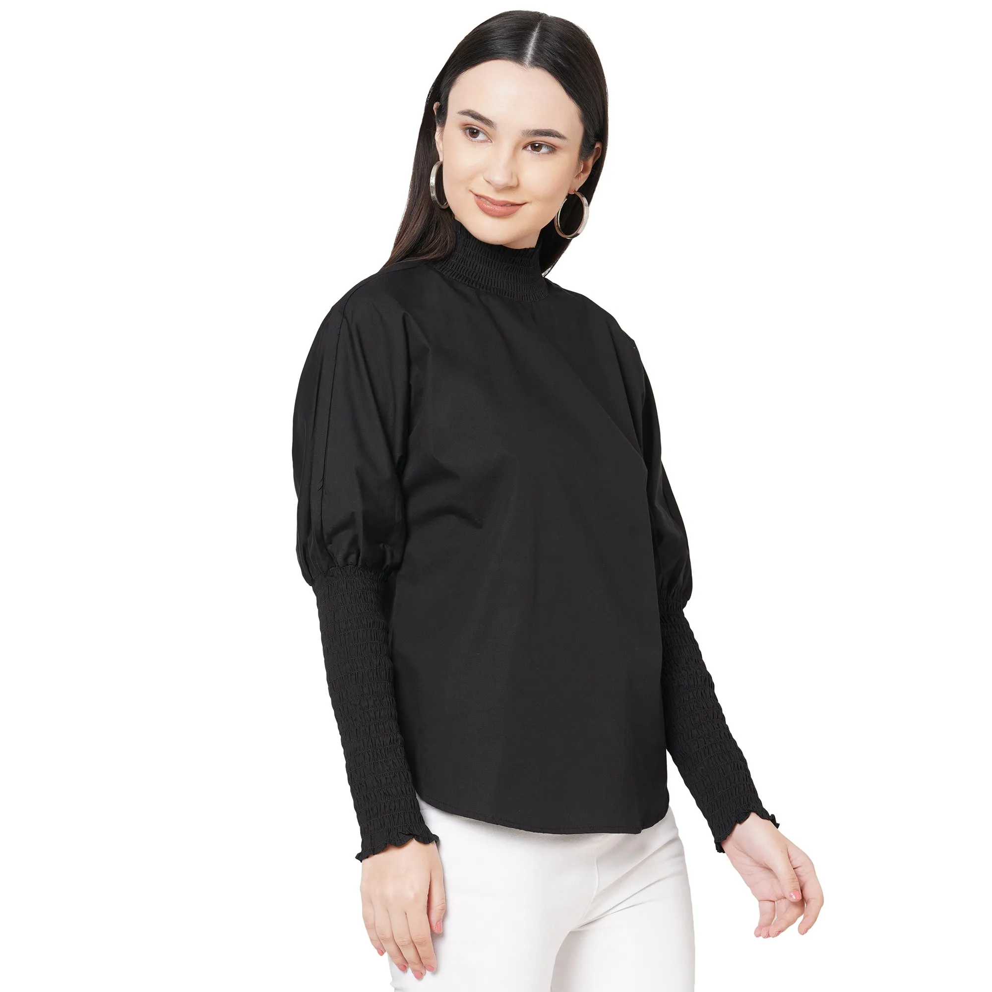 Black Solid High Neck Top For Women