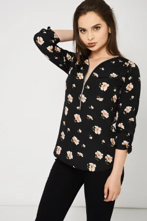 Black Top With Floral Print Ex-Branded Available In Plus Sizes